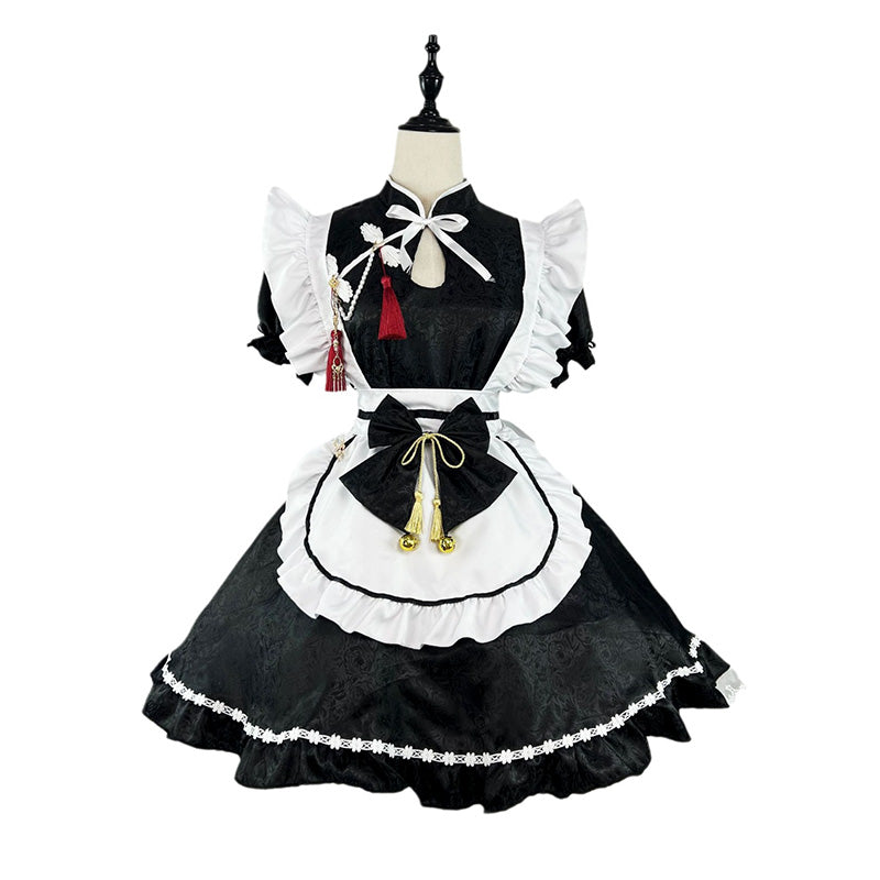 大きいサイズレディースパールチェーン付チャイナ風タッセルメイド服ワンピ―ス (M/L/2L/3L/4L/5L/6L)/コスプレ/ハロウィン