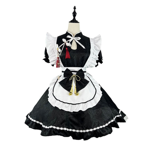 大きいサイズレディースパールチェーン付チャイナ風タッセルメイド服ワンピ―ス (M/L/2L/3L/4L/5L/6L)/コスプレ/ハロウィン