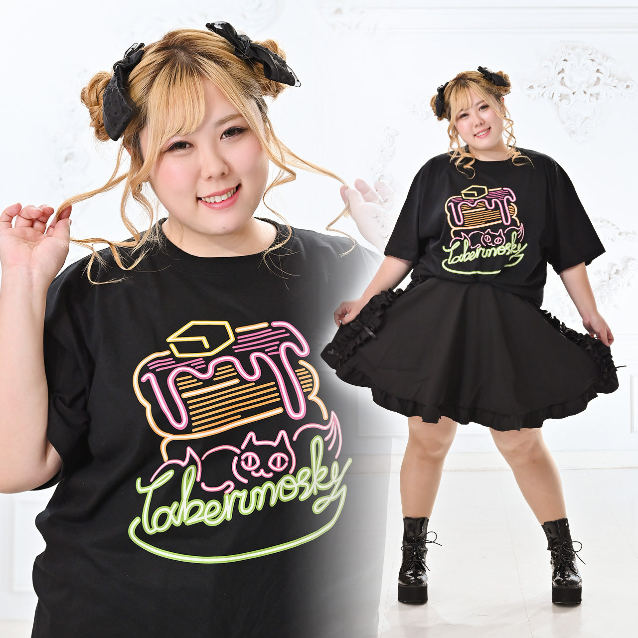 大きいサイズぽっちゃり≪受注生産≫Neon EatsパンケーキTシャツ/Taberunosky(タベルノスキー)オリジナルイラスト４L着用