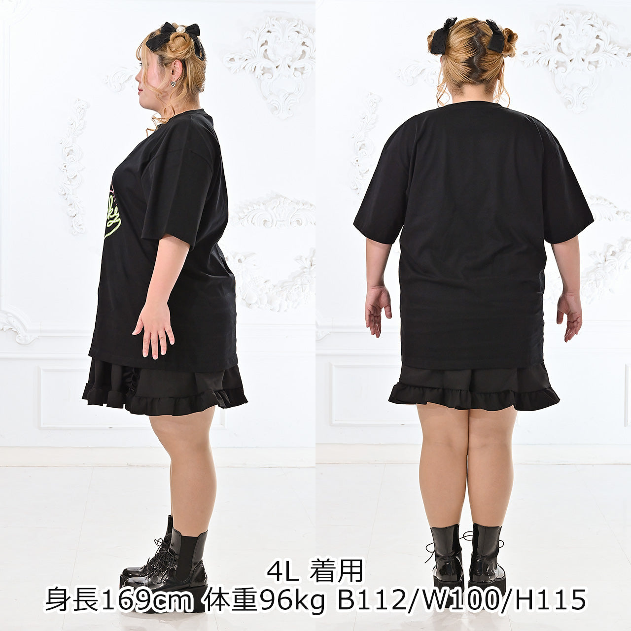 大きいサイズぽっちゃり≪受注生産≫Neon EatsパンケーキTシャツ/Taberunosky(タベルノスキー)オリジナルイラスト４L着用