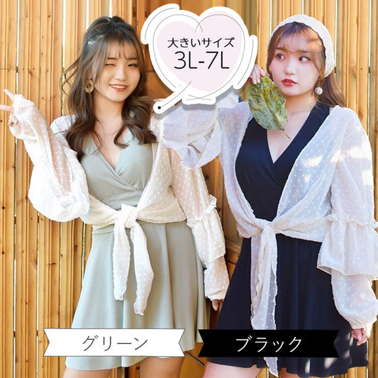大きいサイズ フィットネスジム・ぽっちゃり水着ドット柄カーデ＆ワンピース・スイムウェア (2L/3L/4L/5L/6L)/体型カバー