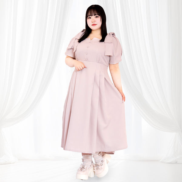 大きいサイズレディースシュガーピンクボンボン・リボンワンピース（3L/4L/5L/6L）/Taberunosky（タベルノスキー）