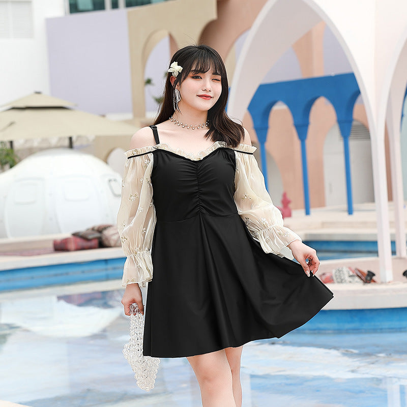 大きいサイズ ぽっちゃり水着花柄刺繍レース切替ワンピース・スイムウェア (4L/5L/6L/7L/8L)