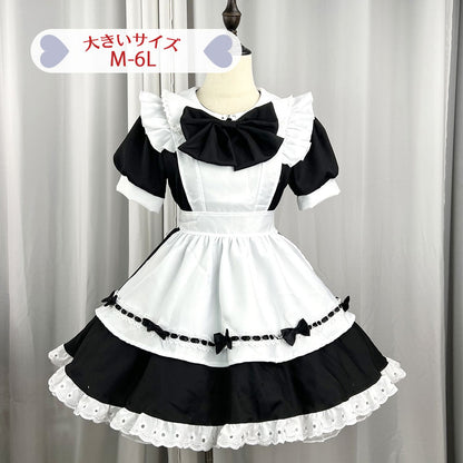 大きいサイズレディースリボンのメイド服ブラックワンピ―ス (M/L/2L/3L/4L/5L/6L)/コスプレ/ハロウィン