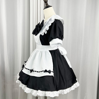 大きいサイズレディースリボンのメイド服ブラックワンピ―ス (M/L/2L/3L/4L/5L/6L)/コスプレ/ハロウィン