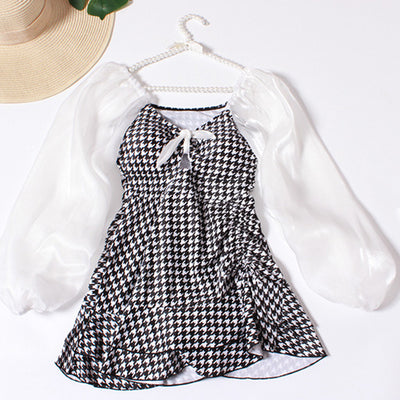 Houndstooth Print Front Ribbon One-Piece Swimsuit (Sizes 2L, 3L, 4L, 5L, and 6L)