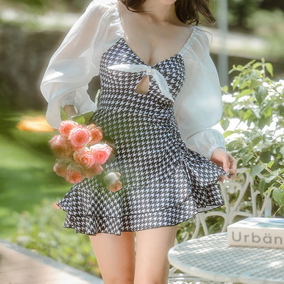 【大きいサイズの水着ランキング】Houndstooth Print Front Ribbon One-Piece Swimsuit (Sizes 2L, 3L, 4L, 5L, and 6L)