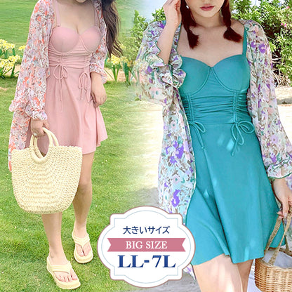 大きいサイズ ぽっちゃり水着花柄カーディガン付きワンピース ・スイムウェア 3点セット(2L/3L/4L/5L/6L/7L)
