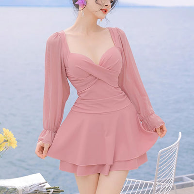 Cross one-piece swimsuit with sleeves (2L/3L/4L/5L/6L)