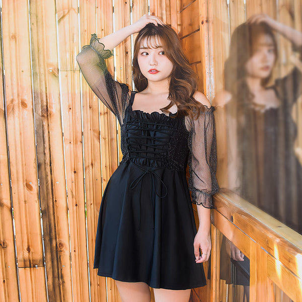 水着編上レース切替ワンピース ・スイムウェア (3L/4L/5L/6L/7L)