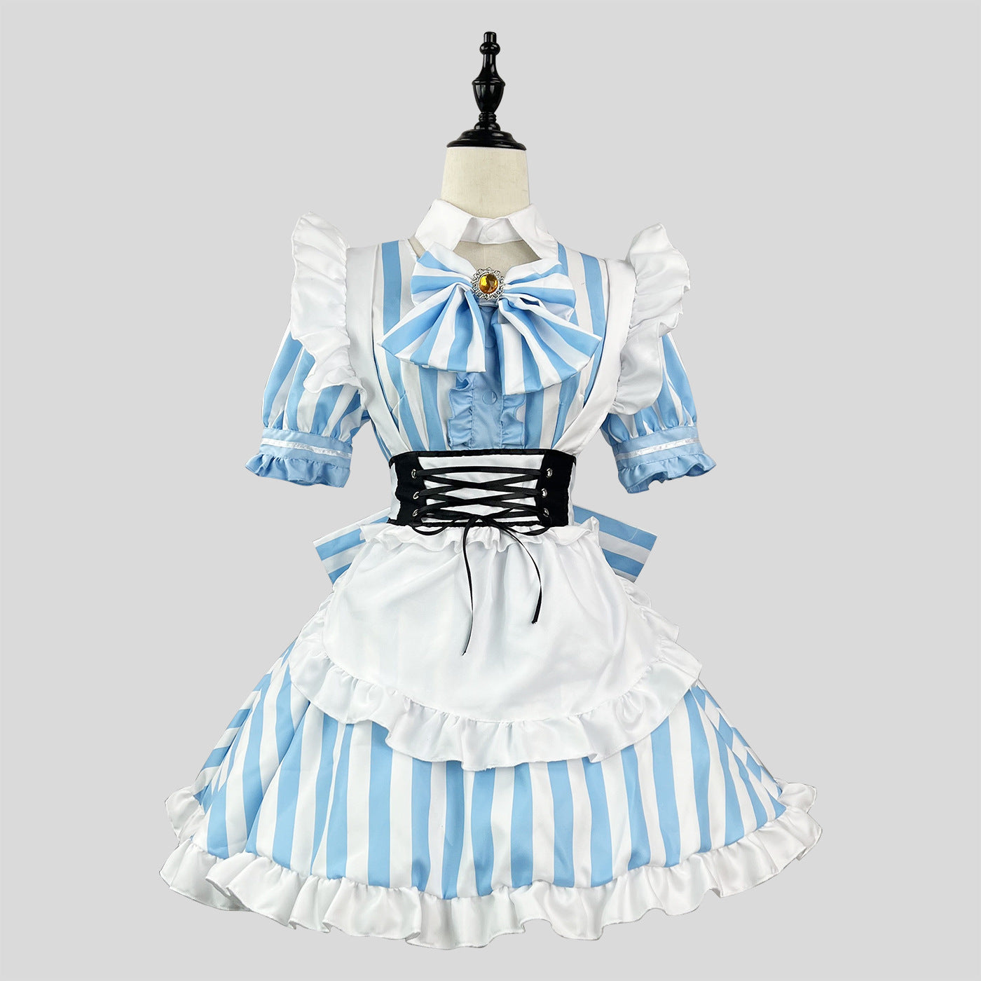 大きいサイズレディースストライプブルーメイド服ワンピース (M/L/2L/3L/4L/5L/6L)/コスプレ/ハロウィン