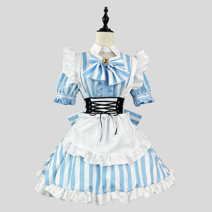 大きいサイズレディースストライプブルーメイド服ワンピース (M/L/2L/3L/4L/5L/6L)/コスプレ/ハロウィン
