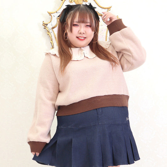 大きいサイズレディースもこもこフリル衿リブニットトップス（3L-4L-5L相当）/Taberunosky（タベルノスキー）
