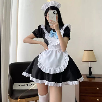 大きいサイズレディースブルーリボンミニ丈メイド服ワンピ―ス (2L/3L/4L/5L/6L)/コスプレ/ハロウィン