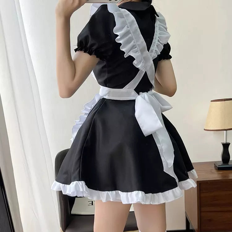 大きいサイズレディースブルーリボンミニ丈メイド服ワンピ―ス (2L/3L/4L/5L/6L)/コスプレ/ハロウィン