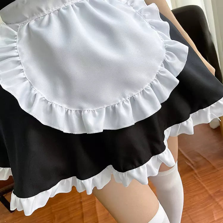 大きいサイズレディースブルーリボンミニ丈メイド服ワンピ―ス (2L/3L/4L/5L/6L)/コスプレ/ハロウィン