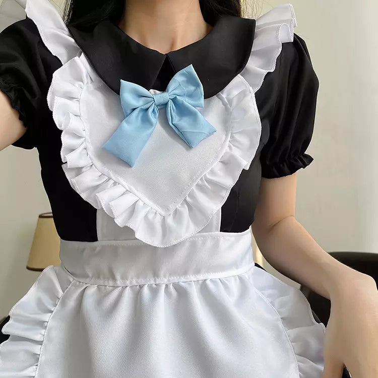 大きいサイズレディースブルーリボンミニ丈メイド服ワンピ―ス (2L/3L/4L/5L/6L)/コスプレ/ハロウィン
