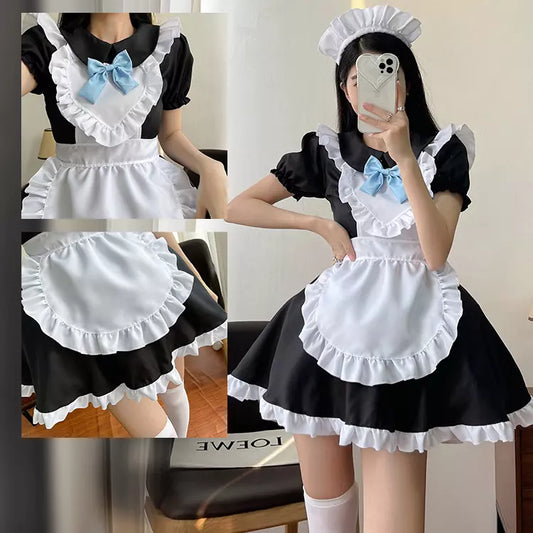 大きいサイズレディースブルーリボンミニ丈メイド服ワンピ―ス (2L/3L/4L/5L/6L)/コスプレ/ハロウィン