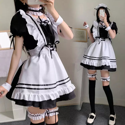 大きいサイズレディースリボンフリルメイド服ワンピ―ス (2L/3L/4L/5L/6L)/コスプレ/ハロウィン