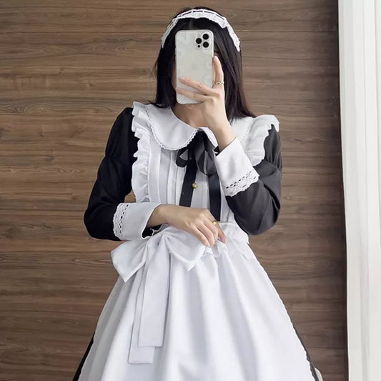 大きいサイズレディースウエストリボン長袖メイド服ワンピ―ス (2L/3L/4L/5L/6L)/コスプレ/ハロウィン