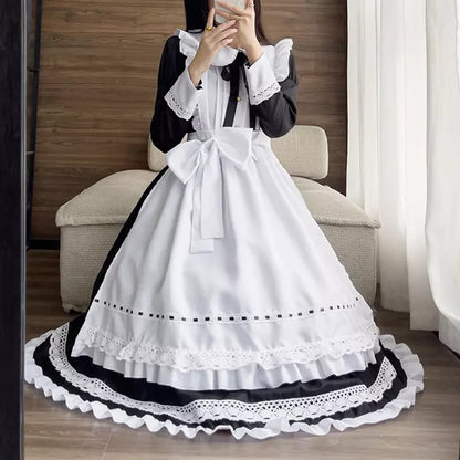大きいサイズレディースウエストリボン長袖メイド服ワンピ―ス (2L/3L/4L/5L/6L)/コスプレ/ハロウィン