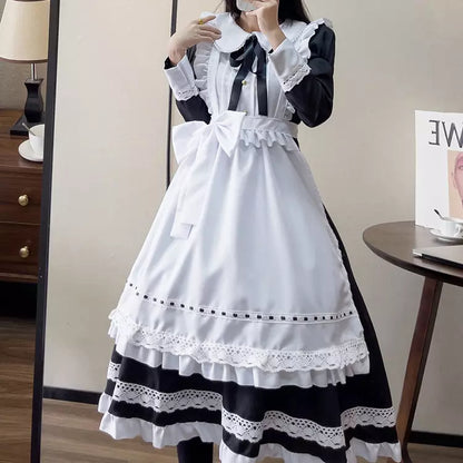大きいサイズレディースウエストリボン長袖メイド服ワンピ―ス (2L/3L/4L/5L/6L)/コスプレ/ハロウィン