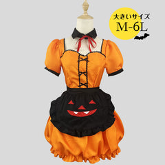 ２歳シャン♡ハロウィンコスチューム♡サテン＆ハロウィン柄ワンピース Orange 大きいサイズ レディース｜マジックかぼちゃさんメイドワンピース (M/L