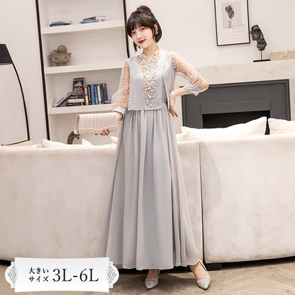 シフォン袖のグリ・エレガンスドレスワンピース(3L/4L/5L/6L)オケージョン/結婚式