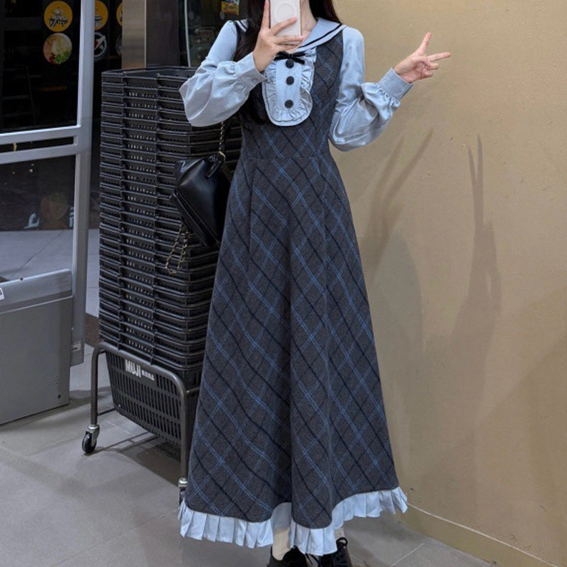 ウィンターチェック・グレーブルーのフレアワンピース(L/LL/3L/4L/5L)