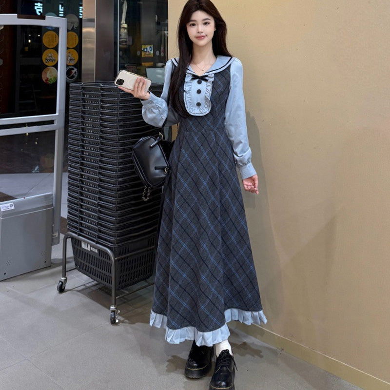 ウィンターチェック・グレーブルーのフレアワンピース(L/LL/3L/4L/5L)