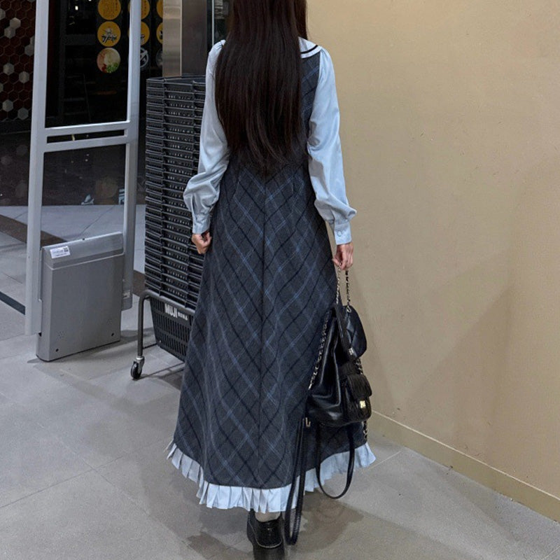 ウィンターチェック・グレーブルーのフレアワンピース(L/LL/3L/4L/5L)