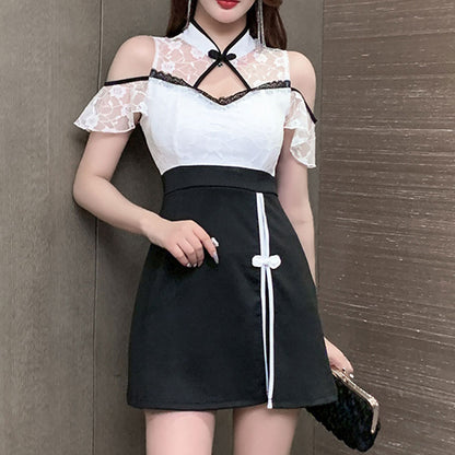 Chinese-style off-the-shoulder lace slit dress (L/LL/3L/4L) / Cabaret dress / Gal