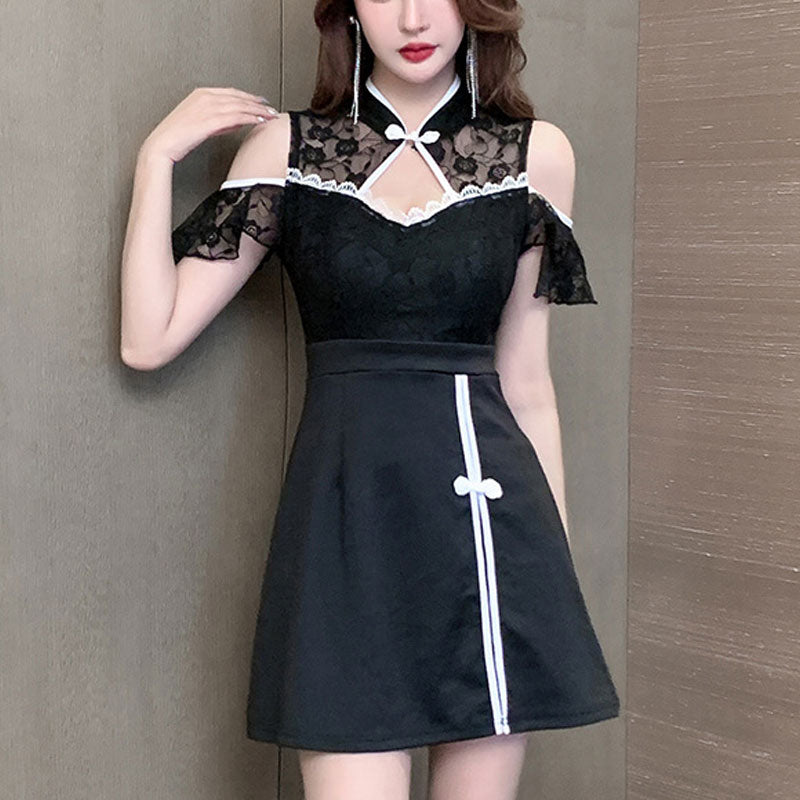 Chinese-style off-the-shoulder lace slit dress (L/LL/3L/4L) / Cabaret dress / Gal