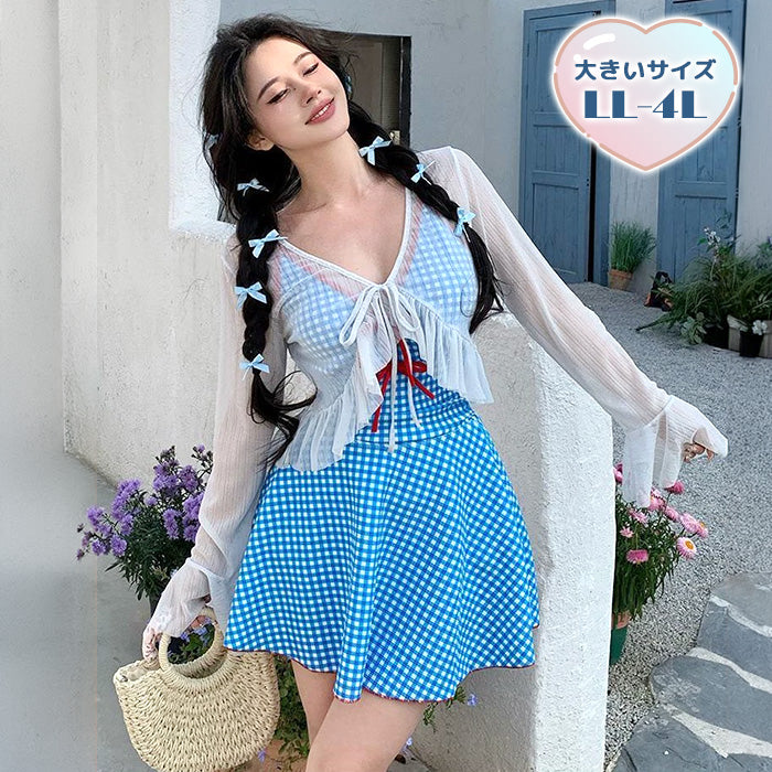 大きいサイズ レディース サマーチェック・リボンガーリースイムワンピ(LL/3L/4L)