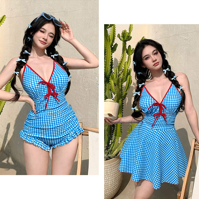 大きいサイズ レディース サマーチェック・リボンガーリースイムワンピ(LL/3L/4L)