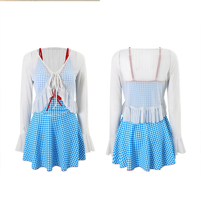 大きいサイズ レディース サマーチェック・リボンガーリースイムワンピ(LL/3L/4L)