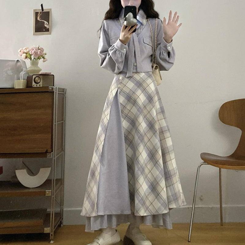 大きいサイズ レディース スノウグレーリボン・チェックセットアップ(L/LL/3L/4L/5L)