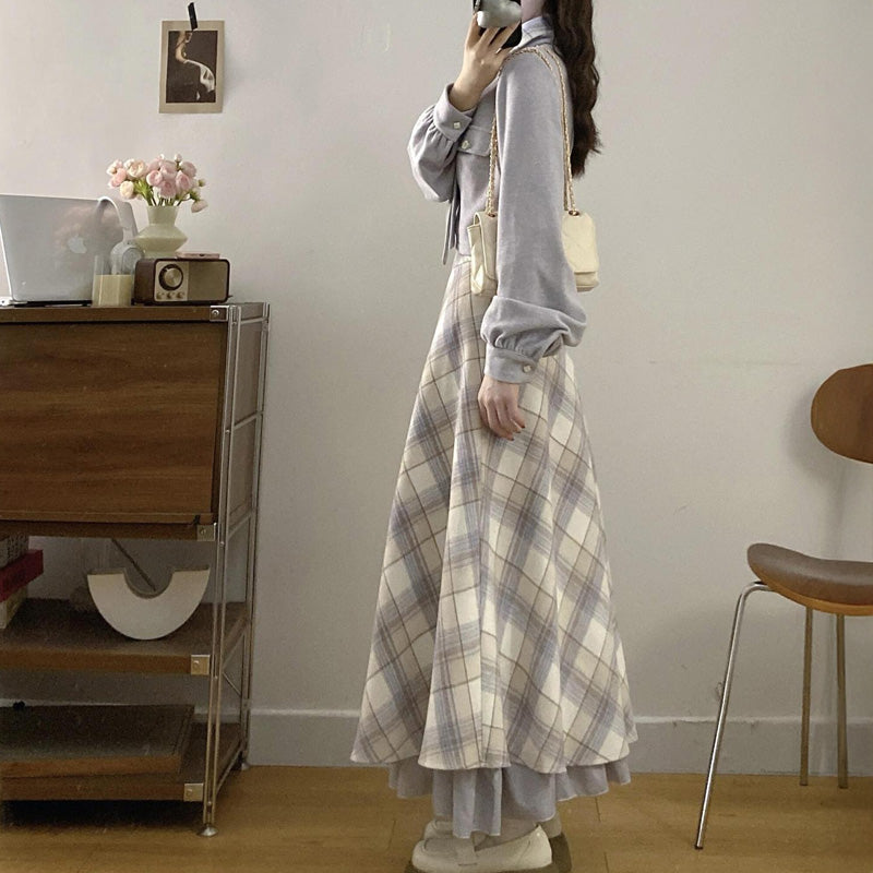 大きいサイズ レディース スノウグレーリボン・チェックセットアップ(L/LL/3L/4L/5L)