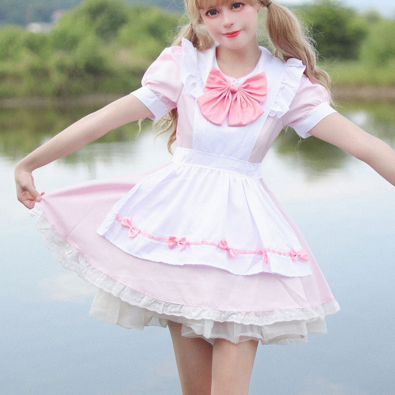 大きいサイズレディースリボンのメイド服ピンクワンピ―ス (M/L/2L/3L/4L/5L/6L)/コスプレ/ハロウィン
