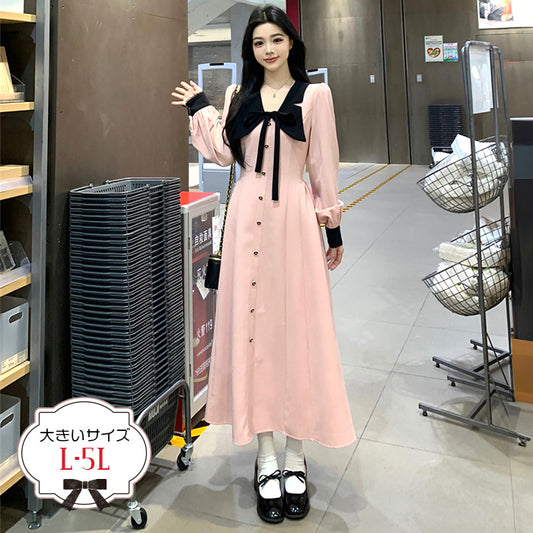 フェイクフロントボタンのピンクワンピース(L/LL/3L/4L/5L)