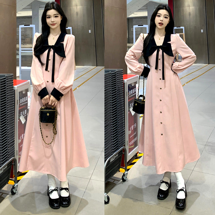フェイクフロントボタンのピンクワンピース(L/LL/3L/4L/5L) – 大きい