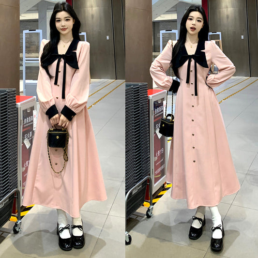 フェイクフロントボタンのピンクワンピース(L/LL/3L/4L/5L)