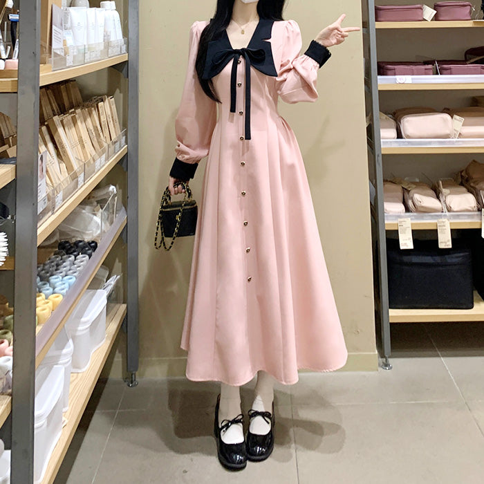 大きいサイズ レディース｜フェイクフロントボタンのピンクワンピース