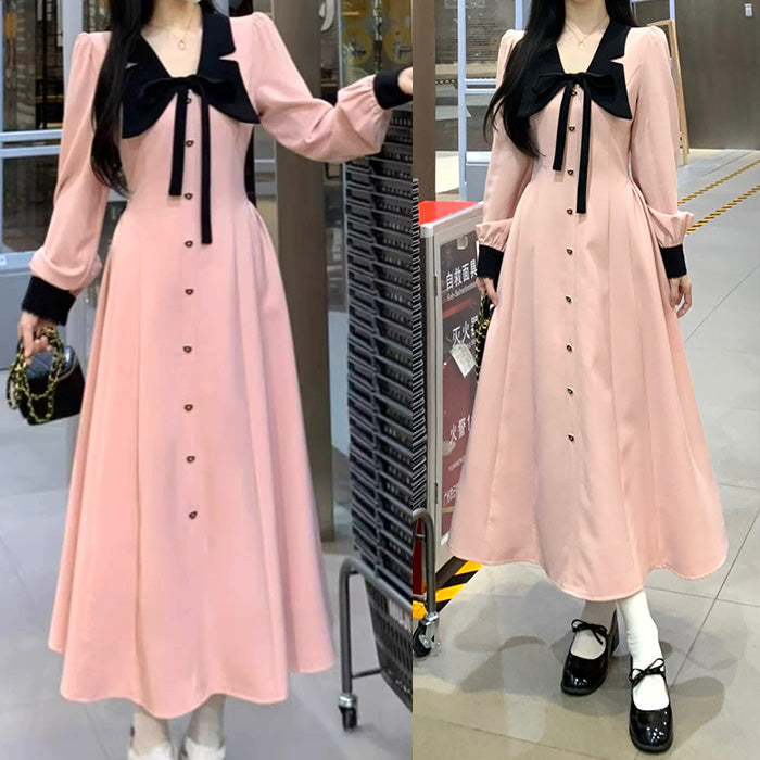 大きいサイズ レディース｜フェイクフロントボタンのピンクワンピース
