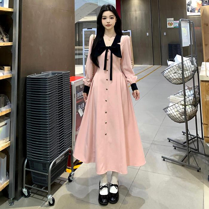 大きいサイズ レディース｜フェイクフロントボタンのピンクワンピース