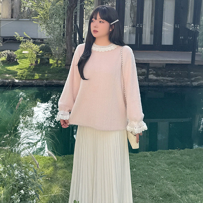 大きいサイズ レディース パールレースカラー・ふわもこガーリーニット(3L/4L/5L)