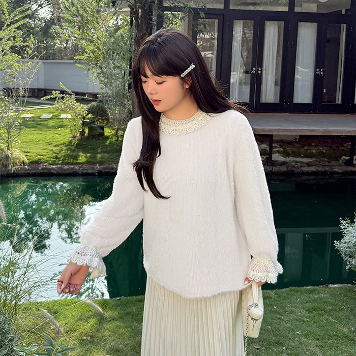 大きいサイズ レディース パールレースカラー・ふわもこガーリーニット(3L/4L/5L)