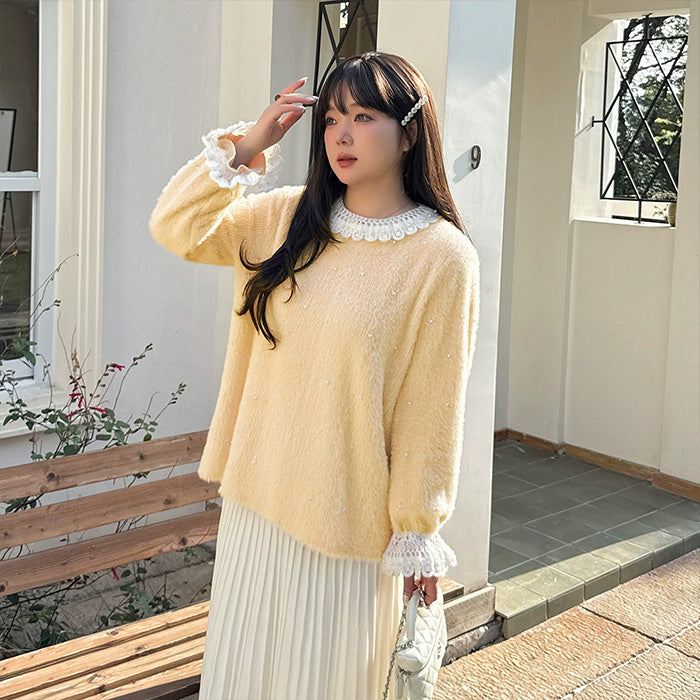 大きいサイズ レディース パールレースカラー・ふわもこガーリーニット(3L/4L/5L)