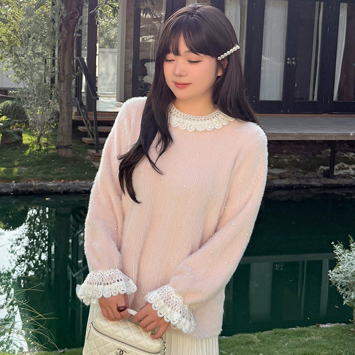 大きいサイズ レディース パールレースカラー・ふわもこガーリーニット(3L/4L/5L)