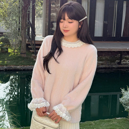 パールレースカラー・ふわもこガーリーニット(3L/4L/5L)